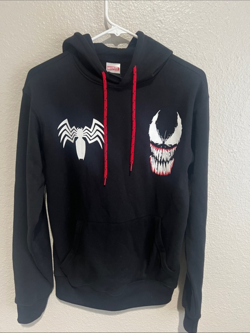 Marvel Black Venom Graphic Crewneck Hoodie with Red Drawstrings XS